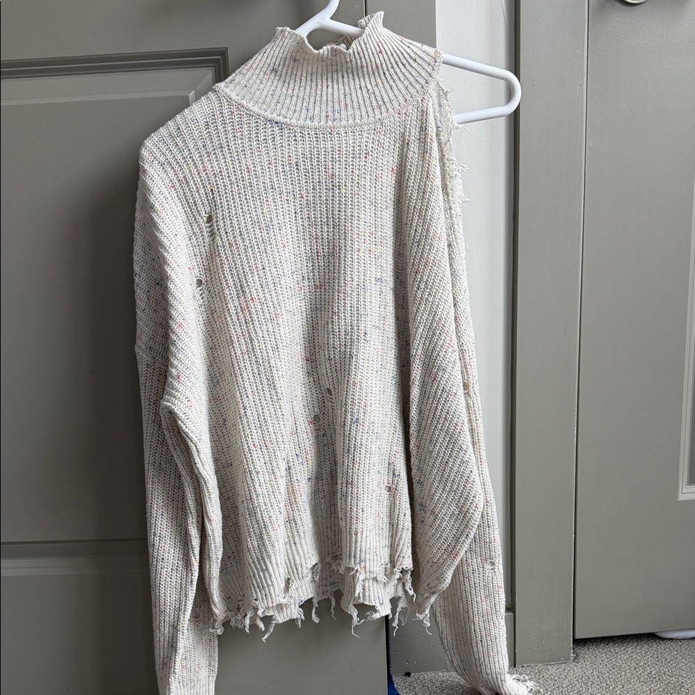 Distressed Knit Mock Neck, Cold Shoulder Sweater in Cream